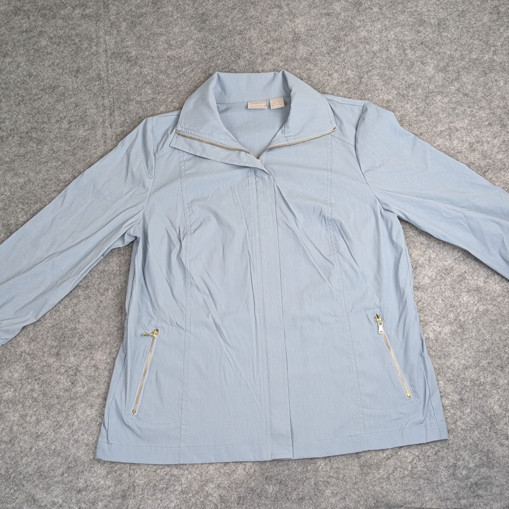 Chico's Jacket Light Blue 4 Lightweight Cotton Blend Zipper Details Fitted